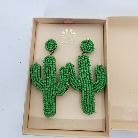 C&C California Cactus Western Beaded Earrings 3" tall New - Picture 2 of 3